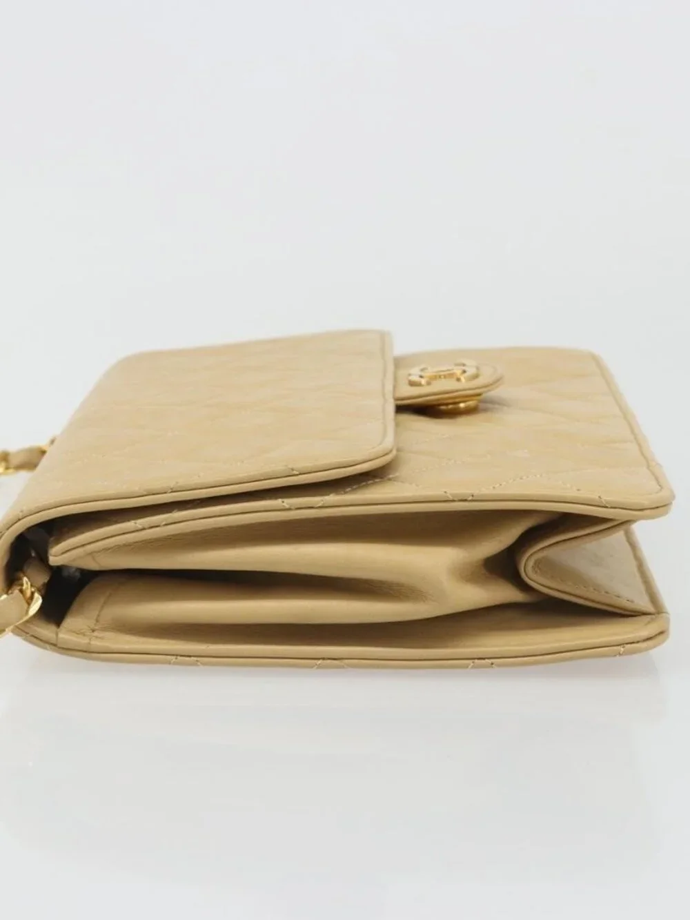 CHANEL Matelasse Chain Shoulder Bag Lamb Skin Beige Gold CC Auth 188721